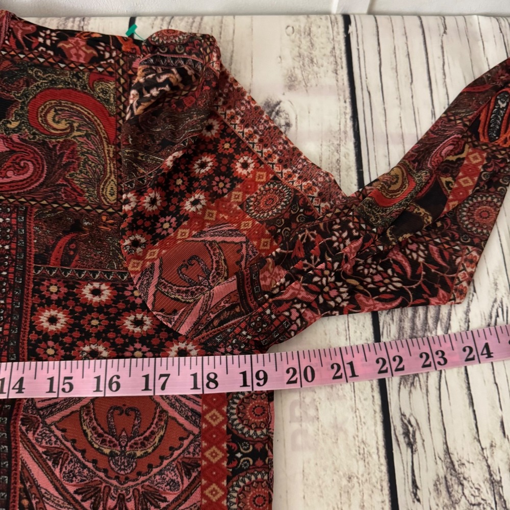 Jane + Delancey‎ Red Patchwork Paisley Mock Neck Mesh Lined Boho Top Large - Picture 6 of 8